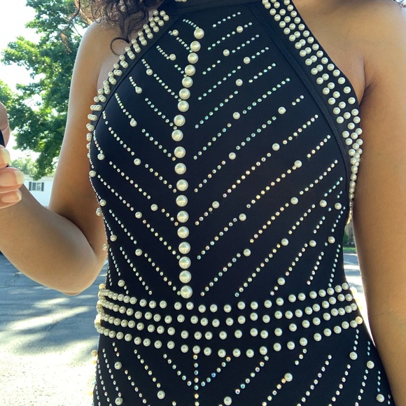 Beaded Pearl and Rhinestone Bandage Dress - Picture 6 of 14